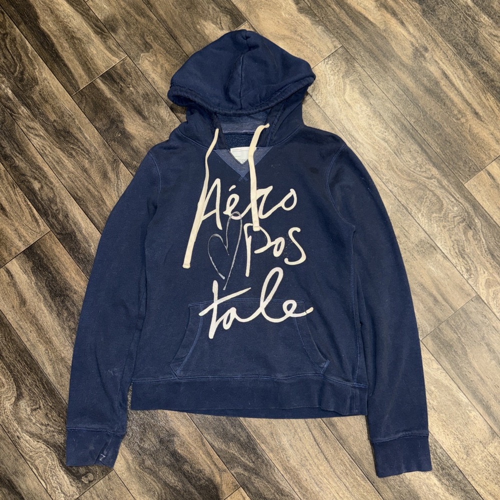 Y2K Aeropostale V-Neck Fleece Pullover Graphic Hoodie Women's XL Navy Blue